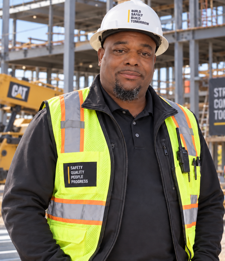 Bobby Perkins on a job site in a hard hat and safety vest