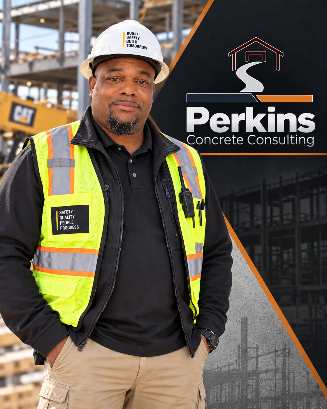 Bobby Perkins in a hard hat and safety vest on a construction site, with the Perkins Concrete Consulting logo