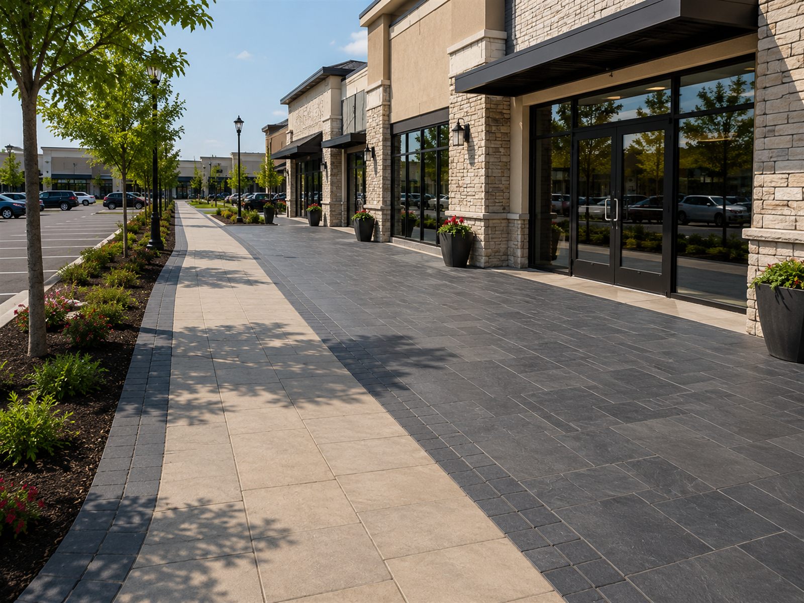 Two-tone paver walkway along a commercial retail storefront