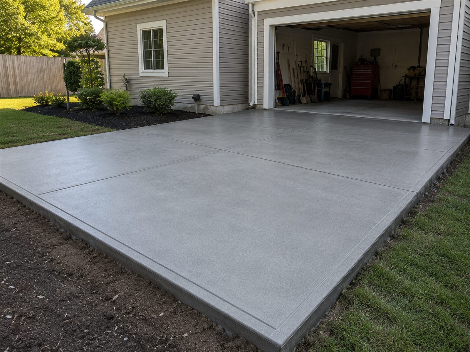 Smooth-finished concrete driveway slab in front of a two-car garage
