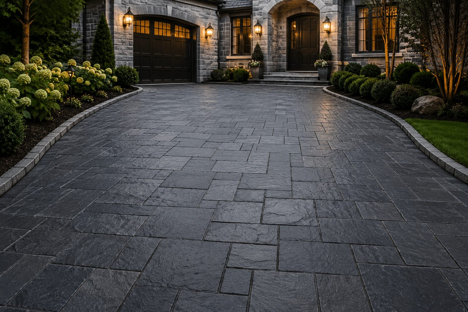 Large-format paver driveway at a stone home entrance