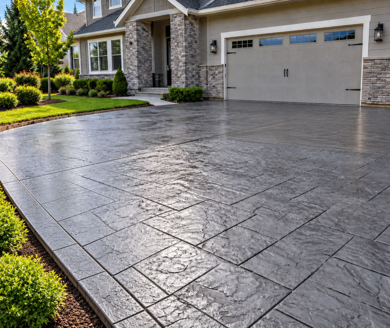 Slate-pattern stamped concrete driveway leading to a two-car garage