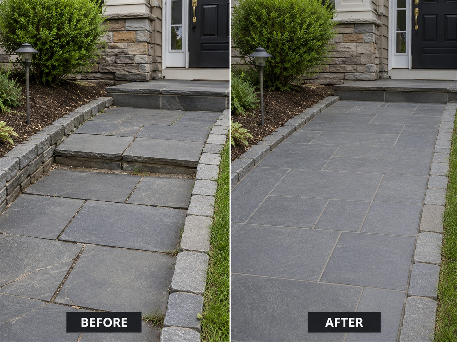 Before and after of a front walkway releveled and rejointed